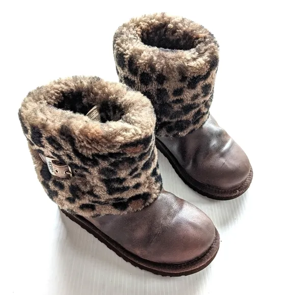 UGG Stout Leather Animal Leopard Boots Youth Sz 3