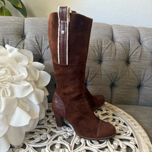 UGG Suede Leather Brown Heels Boots Women’s 9