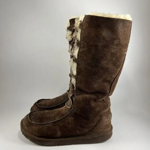 UGG Whitley Brown Suede Winter Moccasin Boots Tall Lace Up 5190 Womens Size 9
