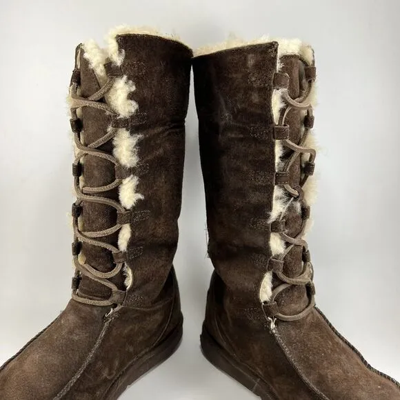 UGG Whitley Brown Suede Winter Moccasin Boots Tall Lace Up 5190 Womens Size 9