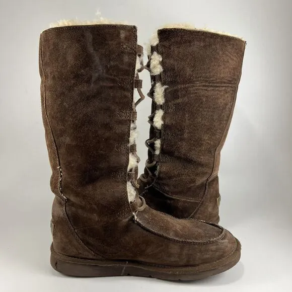 UGG Whitley Brown Suede Winter Moccasin Boots Tall Lace Up 5190 Womens Size 9