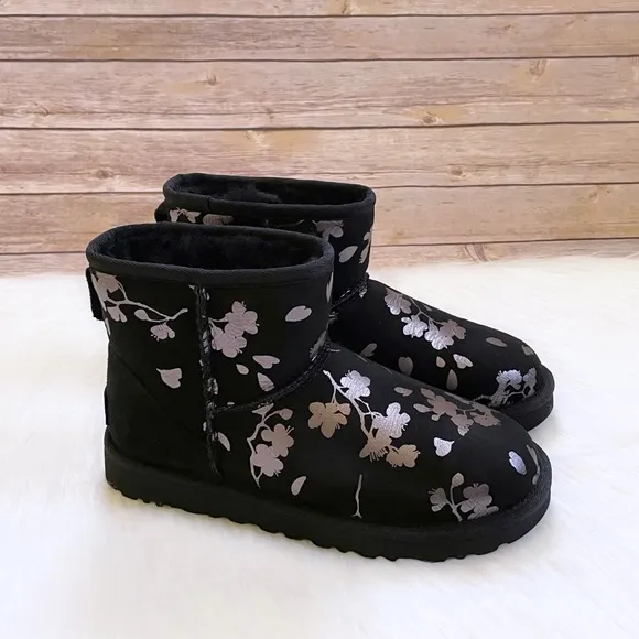 UGG Women’s Classic Mini Floral Foil Black Boots