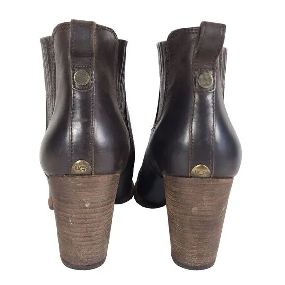 UGG Women's Poppy US 7 Brown Leather Heeled Pull on Chelsea Booties Boots