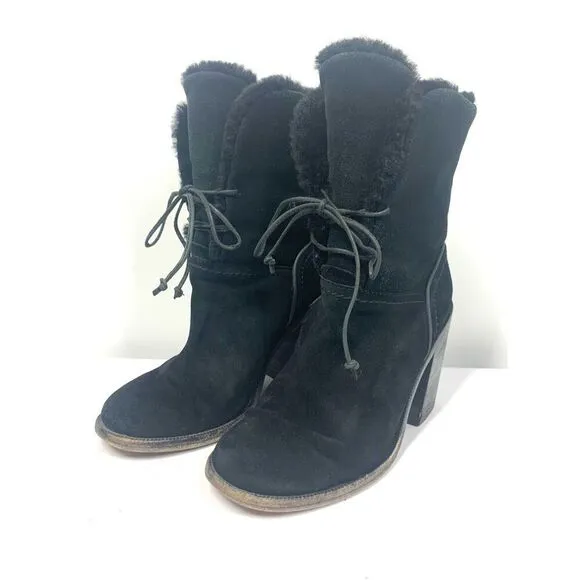 UGG Australia Jerene Black Suede &amp; Shearling Lace Up Heeled Ankle Boots US 5