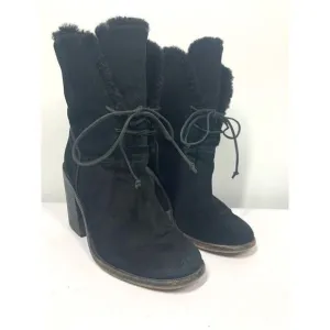 UGG Australia Jerene Black Suede &amp; Shearling Lace Up Heeled Ankle Boots US 5