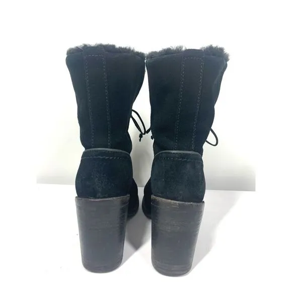 UGG Australia Jerene Black Suede &amp; Shearling Lace Up Heeled Ankle Boots US 5