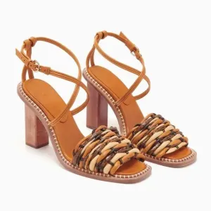 ULLA JOHNSON 2” Malia Woven High Heels Stylish Tan and Brown Women's Sandals