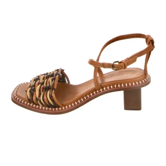 ULLA JOHNSON 2” Malia Woven High Heels Stylish Tan and Brown Women's Sandals
