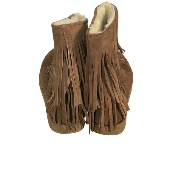 Unr8ed Brown Suede Faux Fur Lined Fringe Boho Hippie Pull On Ankle Boots Sz 9.5