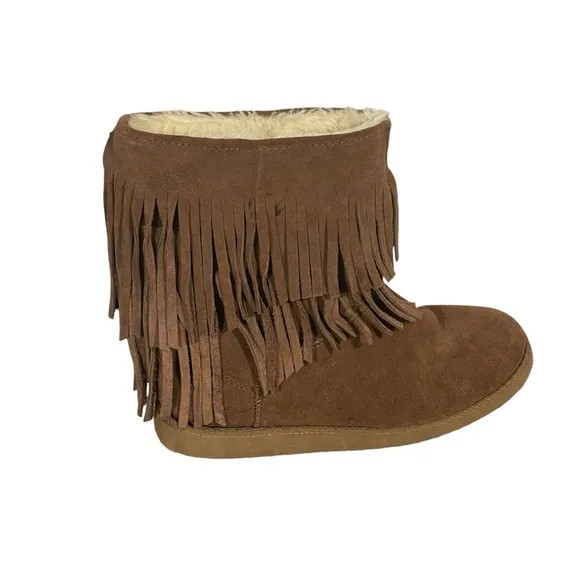 Unr8ed Brown Suede Faux Fur Lined Fringe Boho Hippie Pull On Ankle Boots Sz 9.5