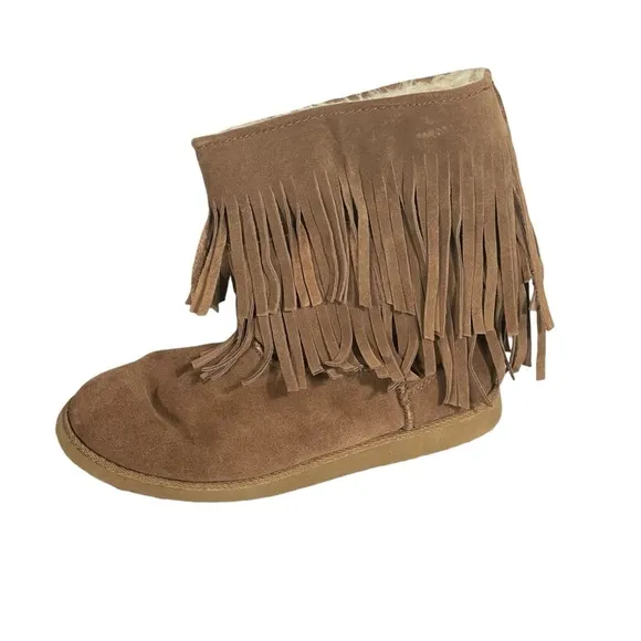 Unr8ed Brown Suede Faux Fur Lined Fringe Boho Hippie Pull On Ankle Boots Sz 9.5
