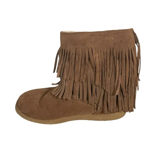 Unr8ed Brown Suede Faux Fur Lined Fringe Boho Hippie Pull On Ankle Boots Sz 9.5
