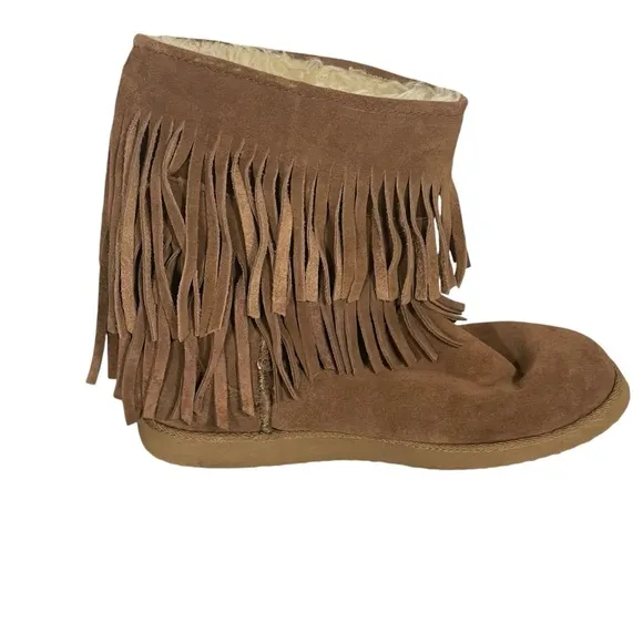 Unr8ed Brown Suede Faux Fur Lined Fringe Boho Hippie Pull On Ankle Boots Sz 9.5