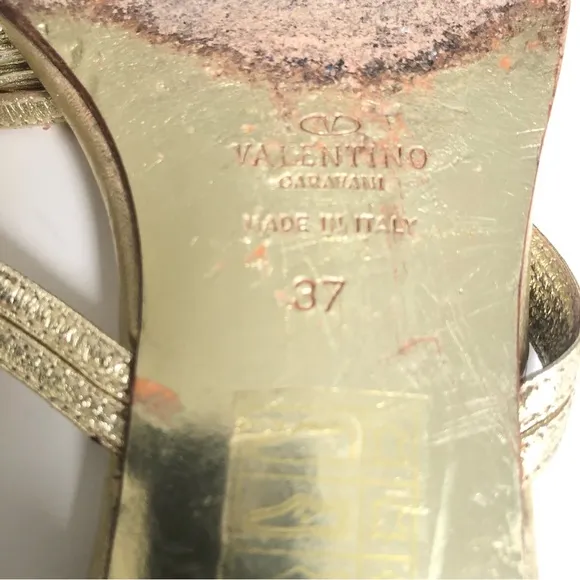 Valentino Garavani Metallic Gold Leather Flat Sandals Women’s Size 37