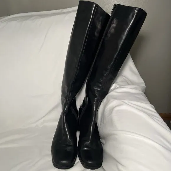 Vaneli Women's Leather Tall Boots Black Size 7.5 Block Heel Classic Side Zip