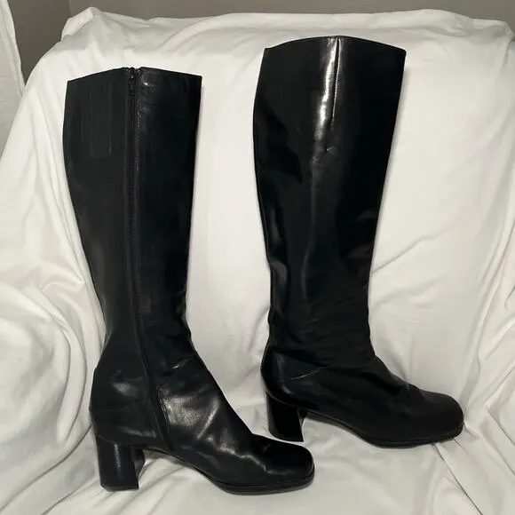 Vaneli Women's Leather Tall Boots Black Size 7.5 Block Heel Classic Side Zip