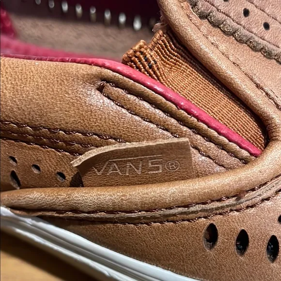 Vans x Taka Hayashi Brown Leather and Red Slip-On Loafers with Perforated Design