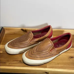 Vans x Taka Hayashi Brown Leather and Red Slip-On Loafers with Perforated Design