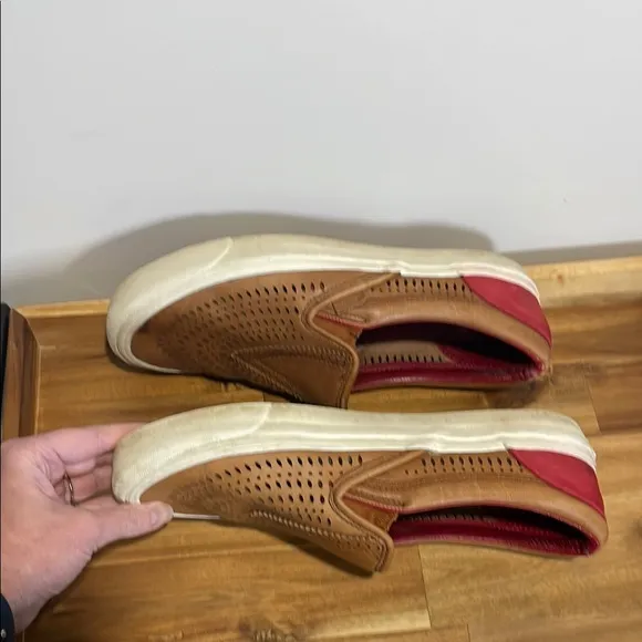 Vans x Taka Hayashi Brown Leather and Red Slip-On Loafers with Perforated Design