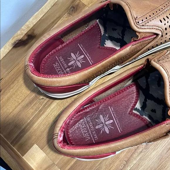 Vans x Taka Hayashi Brown Leather and Red Slip-On Loafers with Perforated Design