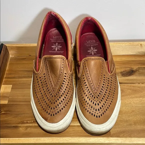 Vans x Taka Hayashi Brown Leather and Red Slip-On Loafers with Perforated Design