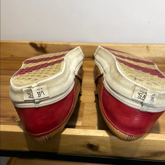 Vans x Taka Hayashi Brown Leather and Red Slip-On Loafers with Perforated Design