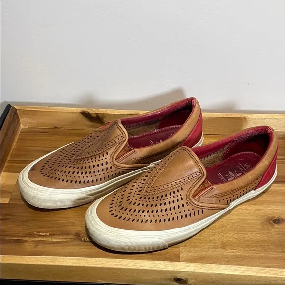 Vans x Taka Hayashi Brown Leather and Red Slip-On Loafers with Perforated Design