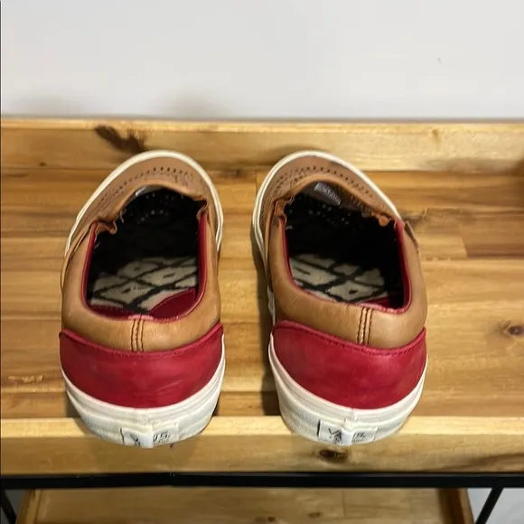 Vans x Taka Hayashi Brown Leather and Red Slip-On Loafers with Perforated Design