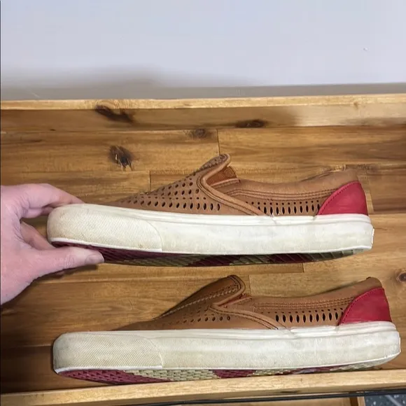 Vans x Taka Hayashi Brown Leather and Red Slip-On Loafers with Perforated Design