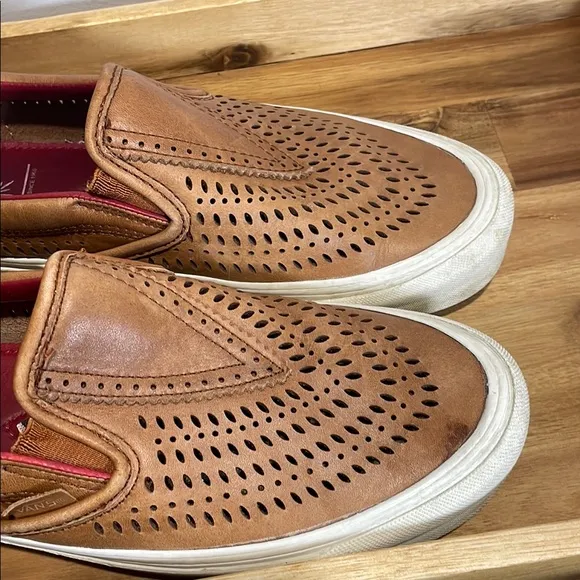 Vans x Taka Hayashi Brown Leather and Red Slip-On Loafers with Perforated Design