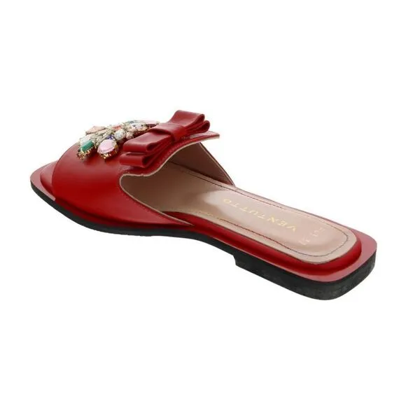 Ventutto Red Crystal Embellished Bow Flat Leather Slide