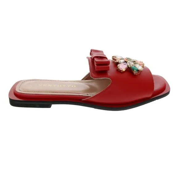 Ventutto Red Crystal Embellished Bow Flat Leather Slide