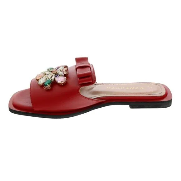 Ventutto Red Crystal Embellished Bow Flat Leather Slide