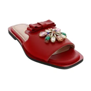 Ventutto Red Crystal Embellished Bow Flat Leather Slide