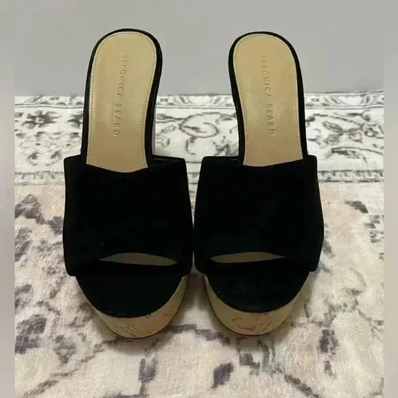 Veronica Beard Black Dali Suede CorkWedge Platform Sandals Size 8M