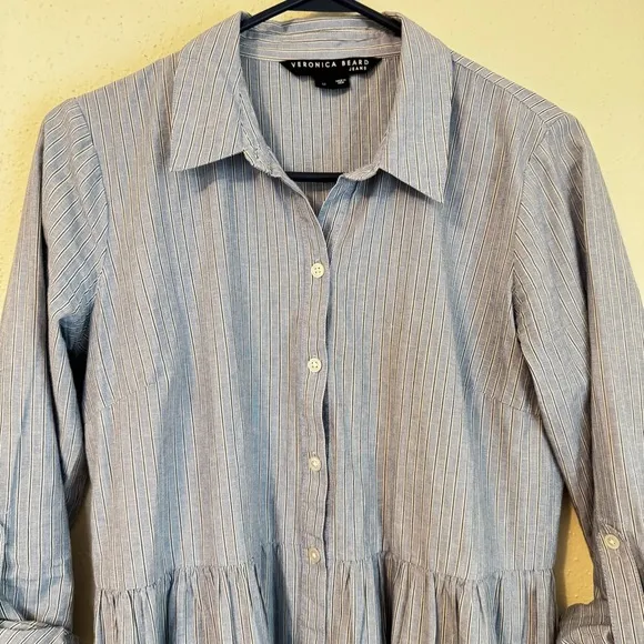 Veronica Beard Dress Medium Jemila Blue Stripe Tiered Shirtdress