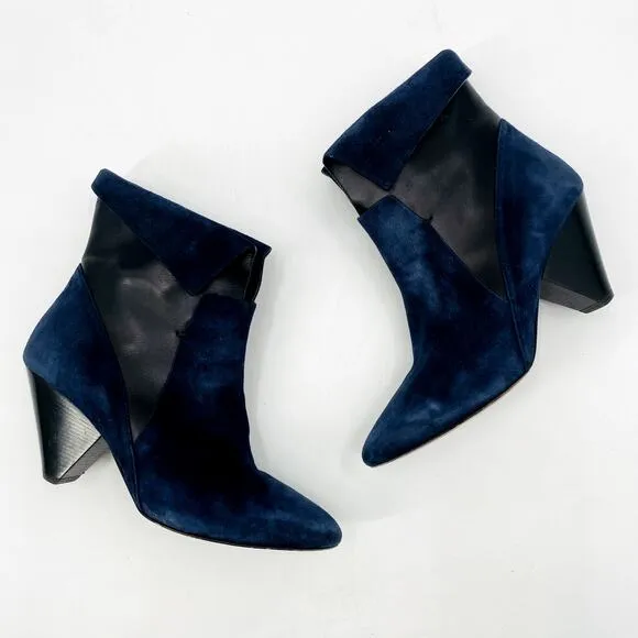 Veronica Beard Navy Suede Fold over Heel Ankle Boots