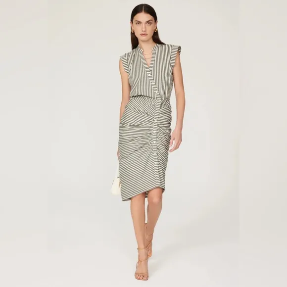 Veronica Beard Striped Asymmetric-Button Midi-Dress Green White Size 8 NWT
