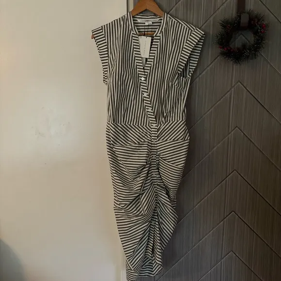 Veronica Beard Striped Asymmetric-Button Midi-Dress Green White Size 8 NWT