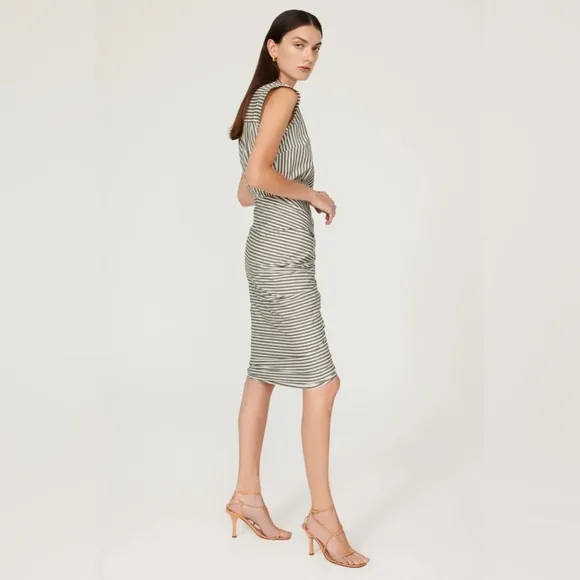 Veronica Beard Striped Asymmetric-Button Midi-Dress Green White Size 8 NWT
