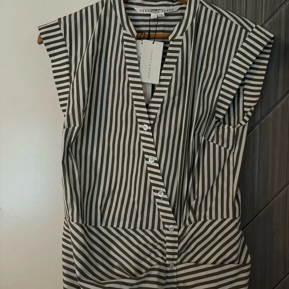 Veronica Beard Striped Asymmetric-Button Midi-Dress Green White Size 8 NWT
