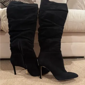 Vince Camuto Black Suede Kentelli Ruched Knee-High Boots
