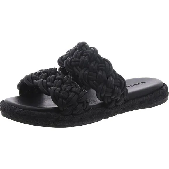 Vince Womens Black Faux Leather Woven Flat Slide Sandals New