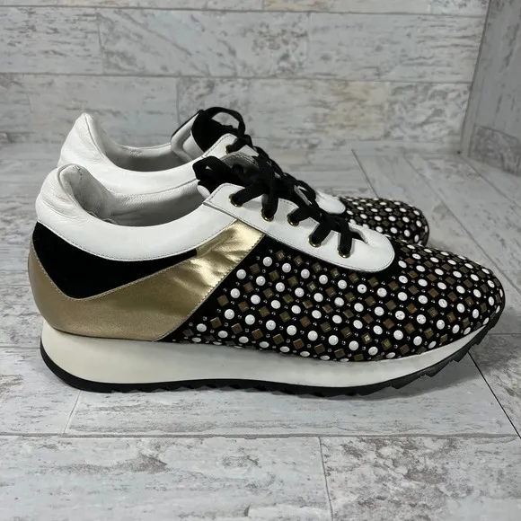 Vinci Fashion Sneakers Womens Size 7 Black Gold Embellished Lace Up Casual‎