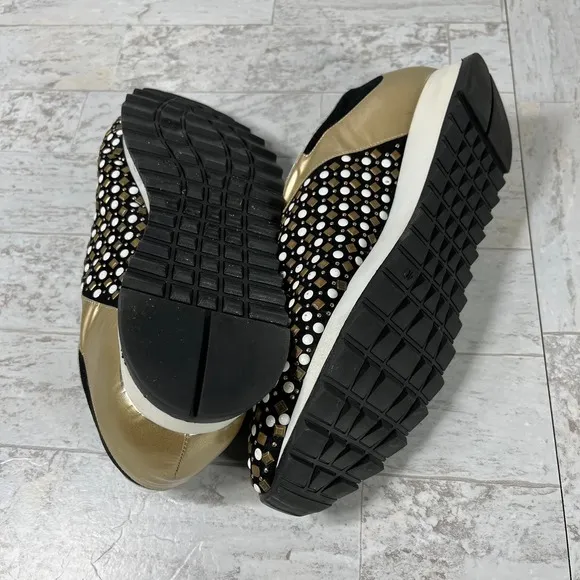 Vinci Fashion Sneakers Womens Size 7 Black Gold Embellished Lace Up Casual‎