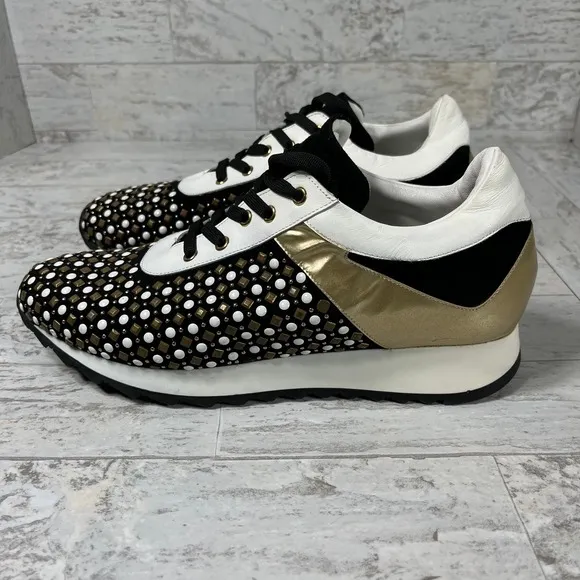 Vinci Fashion Sneakers Womens Size 7 Black Gold Embellished Lace Up Casual‎