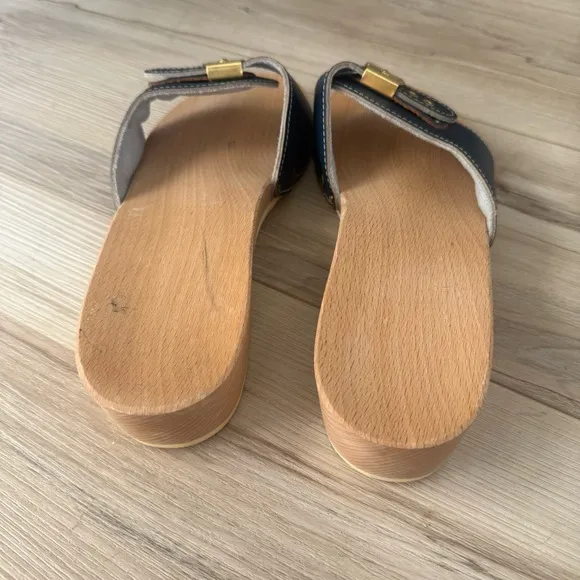 Vintage 1970s Dr. Scholl's Navy Leather &amp; Wood Classic Exercise Sandals size 8