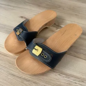 Vintage 1970s Dr. Scholl's Navy Leather &amp; Wood Classic Exercise Sandals size 8