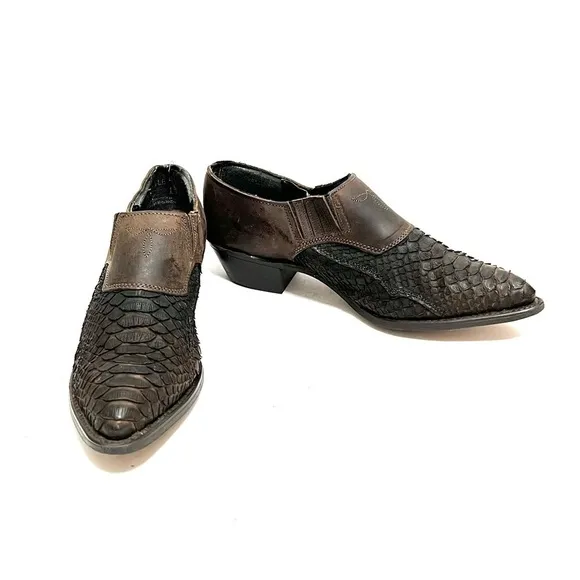 Vintage 1990s brown leather reptile skin slip on western ankle boots