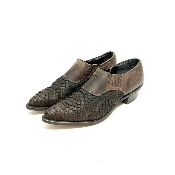Vintage 1990s brown leather reptile skin slip on western ankle boots